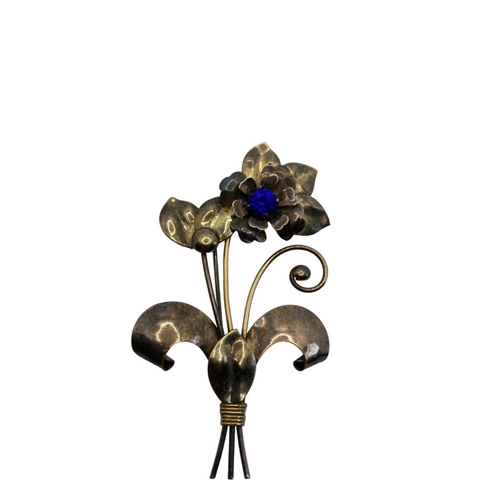 Harry Iskin 1/20 10 K Flower Elegant Brooch Pin  with Blue Stone
